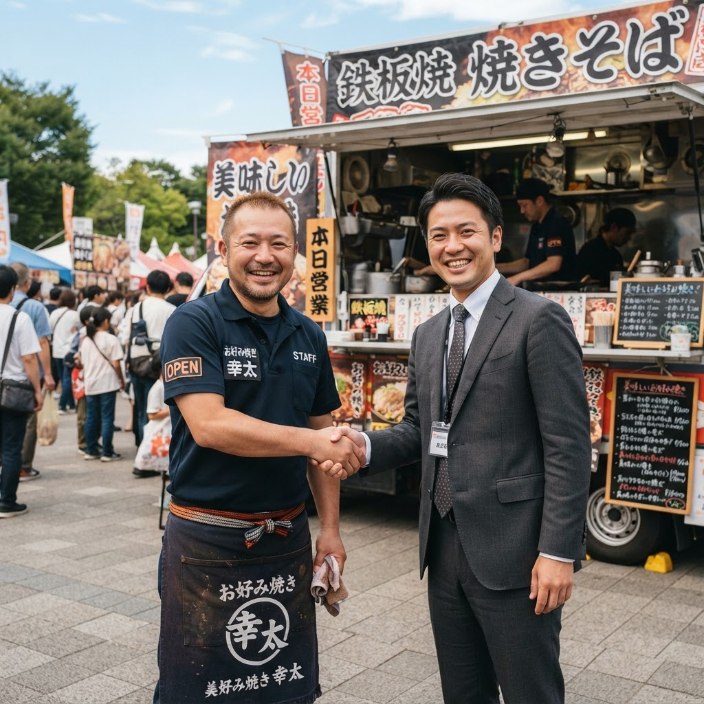 握手を交わすキッチンカー出店者とイベント主催者