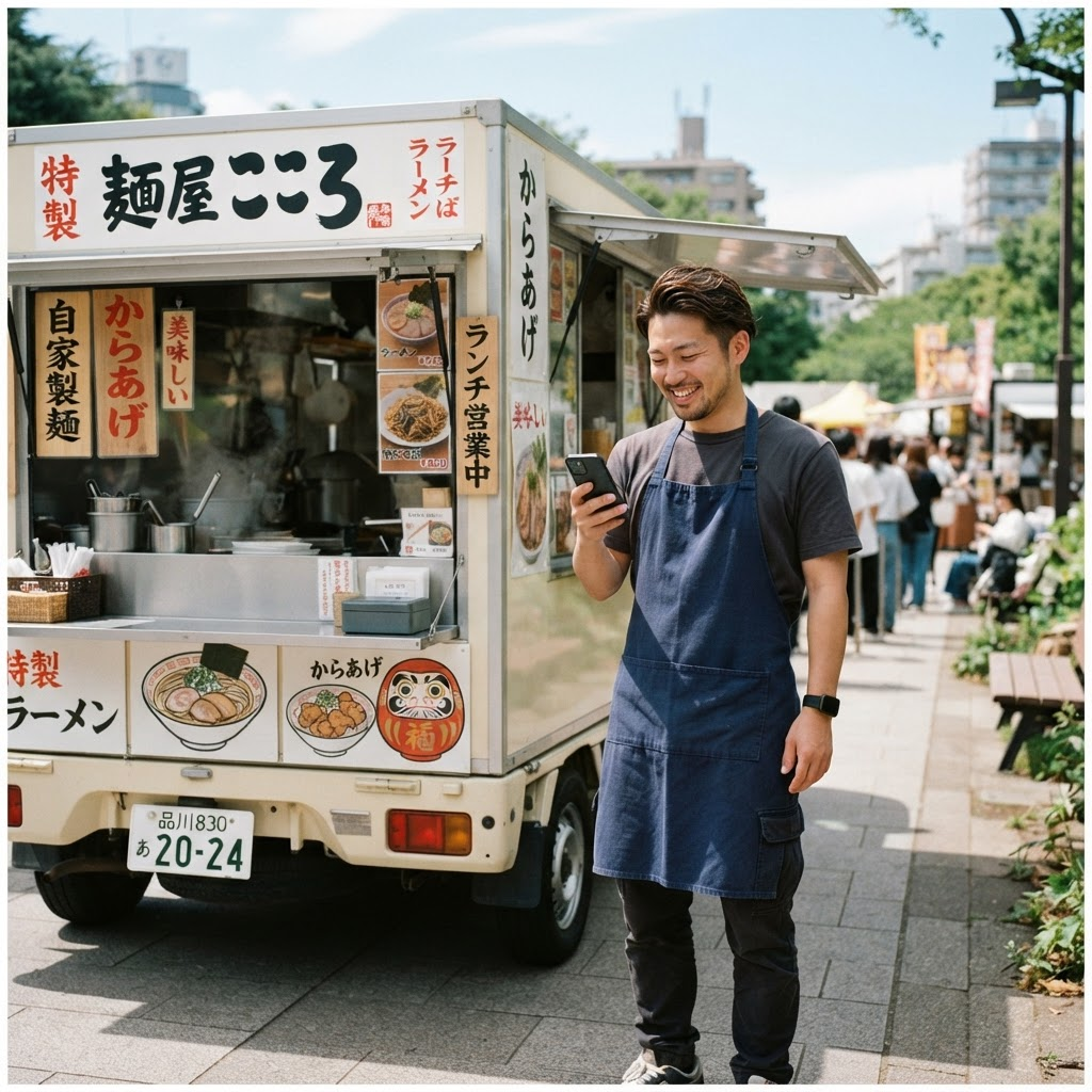 スマートフォンで出店オファーを確認するキッチンカー事業者